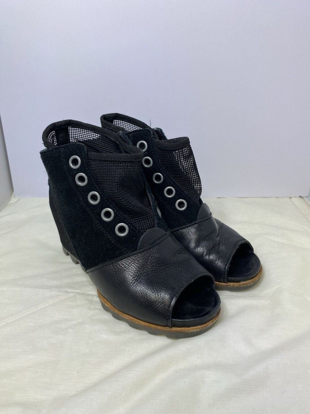 Sorel Suede Leather Open Toe Joanie Mesh Wedge, Black, size 8, womens